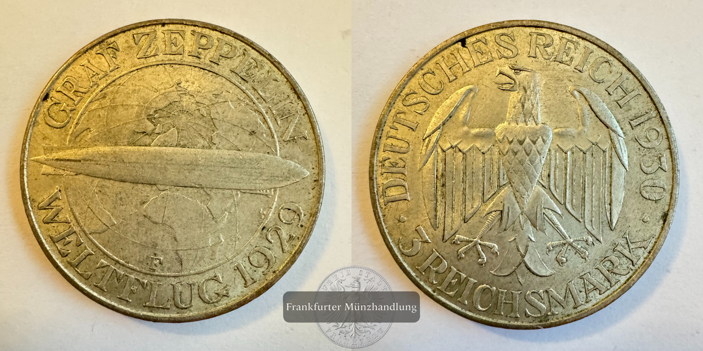  Dt. Reich 3 Reichsmark (Graf Zeppelin) 1930 FM-Frankfurt KM#67 Feinsilber: 7,5g   