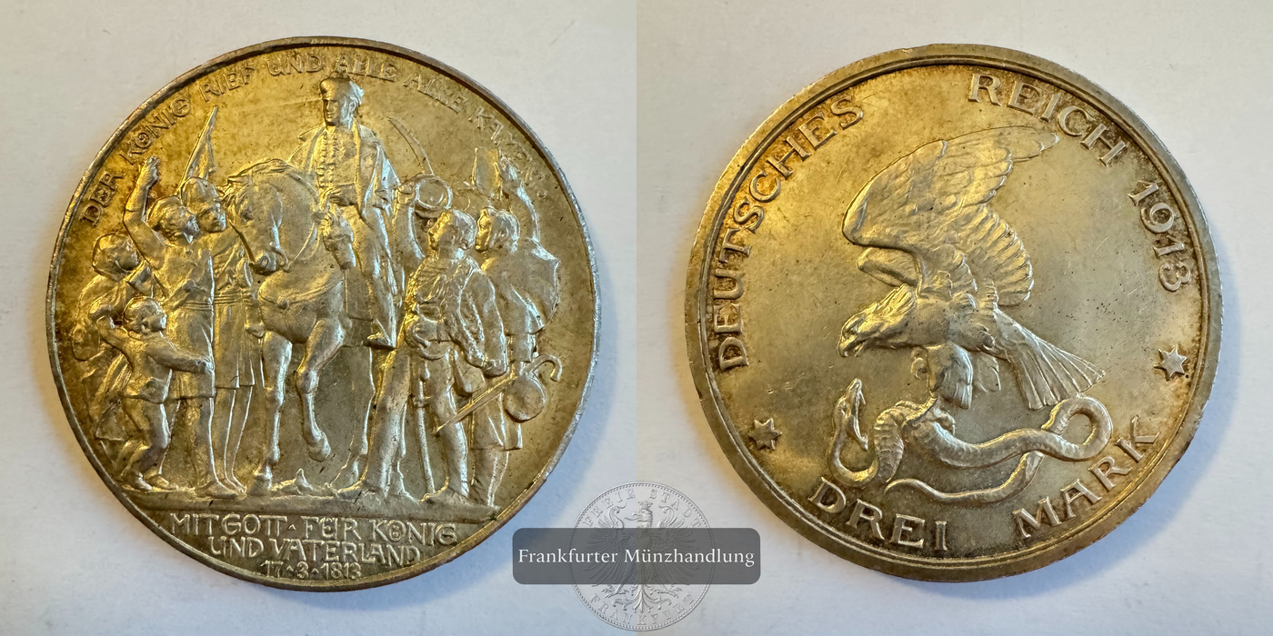  Dt. Kaiserreich Preussen, Wilhelm II. 3 Mark 1913  FM-Frankfurt KM#534 Feinsilber: 15g   