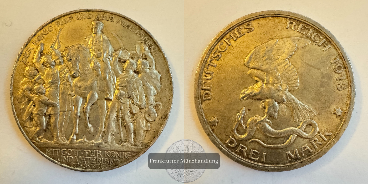  Dt. Kaiserreich Preussen, Wilhelm II. 3 Mark 1913  FM-Frankfurt KM#534 Feinsilber: 15g   