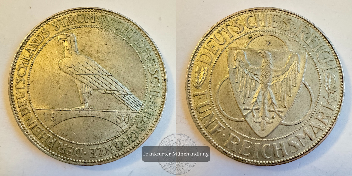  Deutschland 5 Reichsmark (Liberation of Rhineland) 1930 F FM-Frankfurt KM#71 Feinsilber: 12,5g   