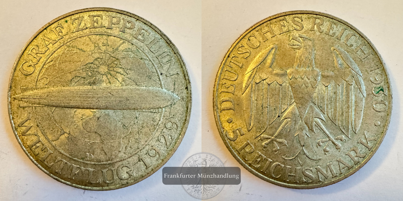  Deutschland 5 Reichsmark (Graf Zeppelin) 1930 D FM-Frankfurt KM#68 Feinsilber: 12,5g   