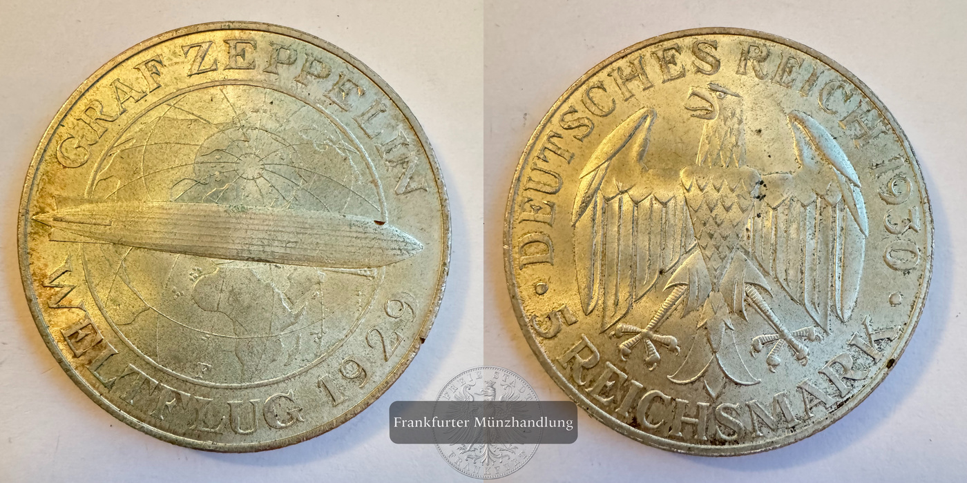  Deutschland 5 Reichsmark (Graf Zeppelin) 1930 F FM-Frankfurt KM#68 Feinsilber: 12,5g   