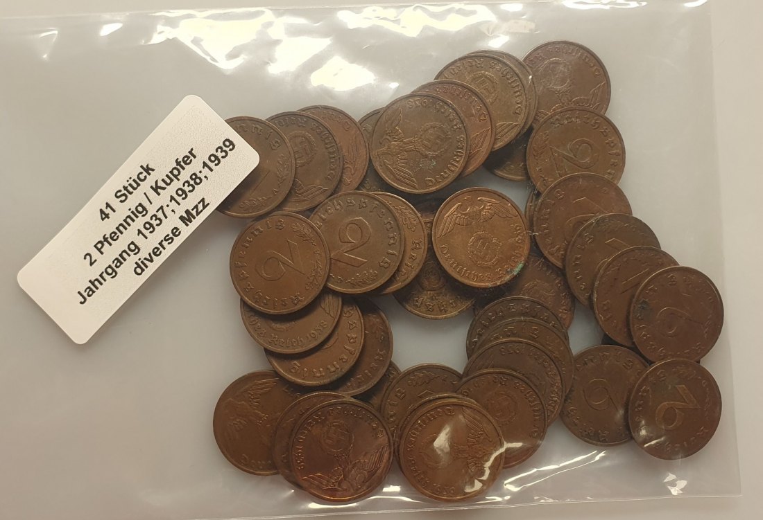  Drittes Reich 2 Pfennig Kupfermünzen Jäger 362 diverse Mzz & Jahrgänge 41 Stück   