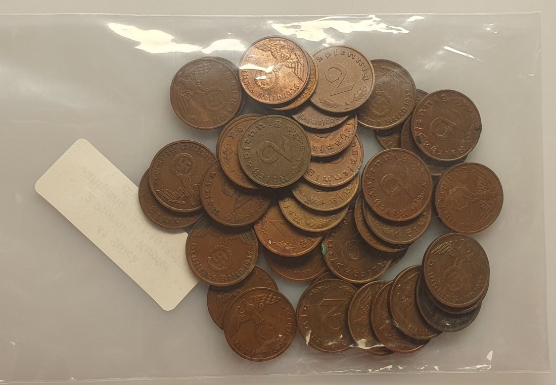  Drittes Reich 2 Pfennig Kupfermünzen Jäger 362 diverse Mzz & Jahrgänge 41 Stück   