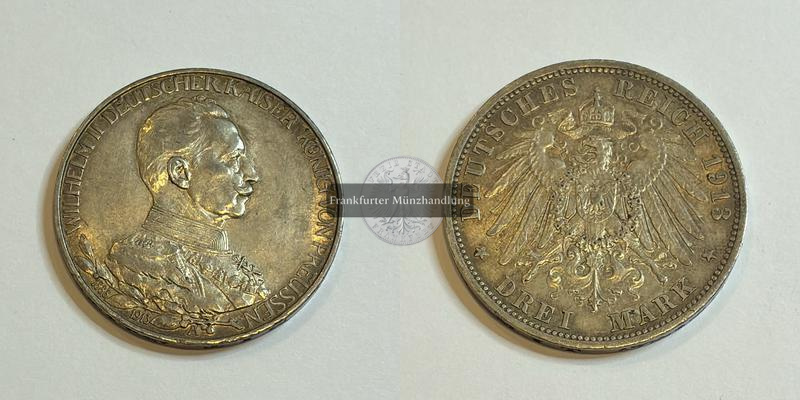  Dt. Kaiserreich 3 Mark Wilhelm II Preußen 1913 Uniform A FM-Frankfurt KM#535 Feinsilber: 15g   