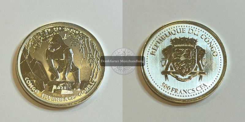  Rep. Kongo 500 Francs CFA (Congo Silverback Gorilla) 2021 FM-Frankfurt KM#263 Feinsilber: 31,1g   