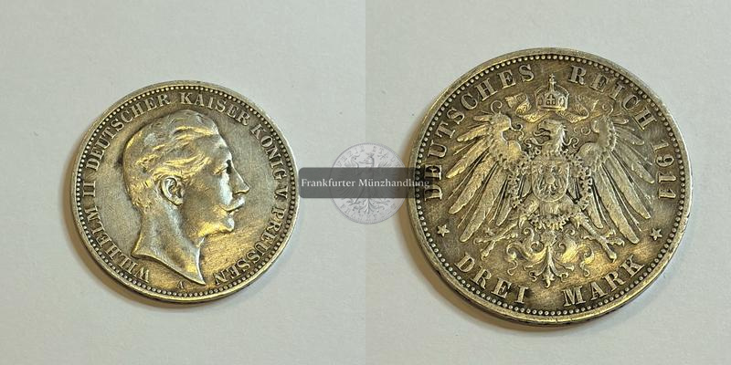  Dt. Kaiserreich, Preussen 3 Mark 1911 A Wilhelm II FM-Frankfurt KM#527 Feinsilber: 15g   