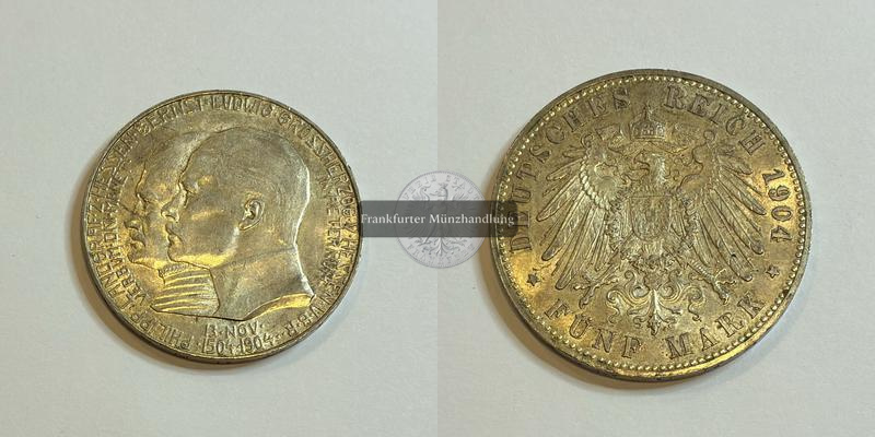  Deutsches Kaiserreich Hessen 5 Mark 1904 A 400-Jahrfeier FM-Frankfurt Feinsilber: 25g   