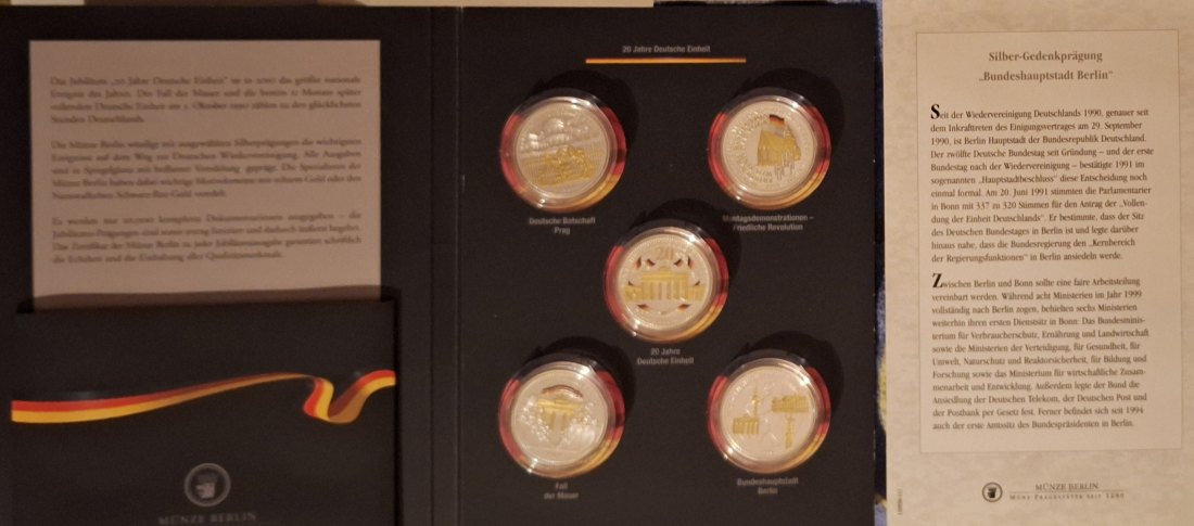  Deutschland 5 Medaillien 20 Jahre deutsche Einheit Silber in Handarbeit teilvergoldet   