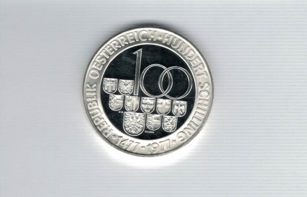  100 Schilling 1977 500 Jahre Münzstätte Hall/Tirol 15,36g fei Ag Österreich Spittalgold9800 01914/16   