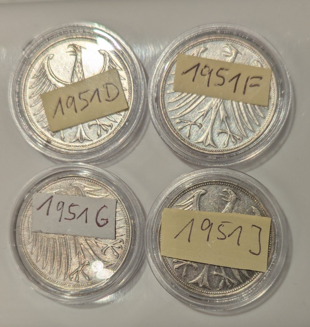  4 x 5 DM 1951 D F G J , BRD Silbermûnzen, Silberadler Prägest., aus Umlauf, gereinigt, gekapselt   