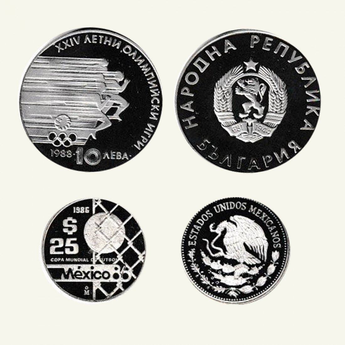  Lot 2 Silbermünzen *25$ Mexiko und 10 Leva Bulgarien* 1985 u. 1988 *PP* 20g Feinsilber   