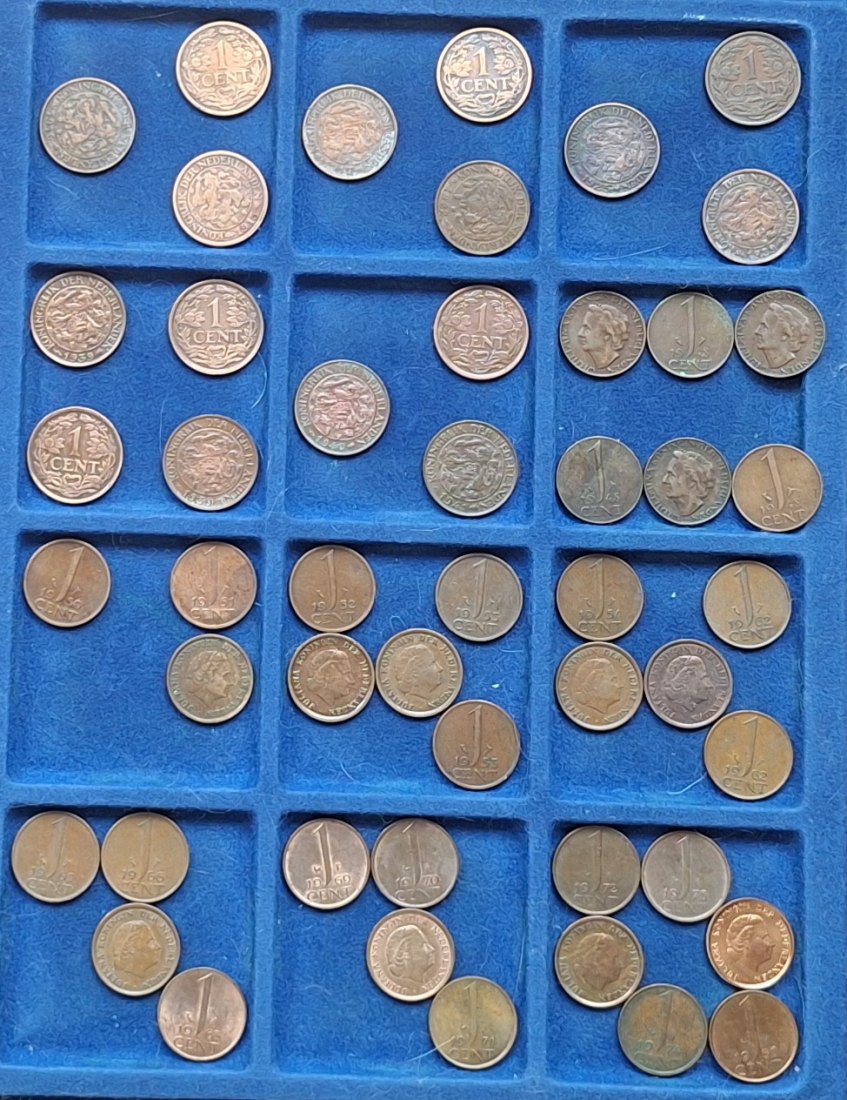  Niederlande, 1 Cent-Set Wilhelmina (1890-1948) und Juliana (1950-1980)   