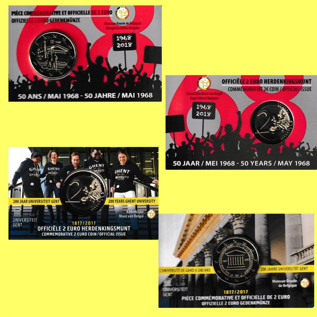 Coincard 2 x 2€-Sondermünze Belgien *Uni Gent* 2017 + *Studentenrevoluti* 2018 Ausgabe F   
