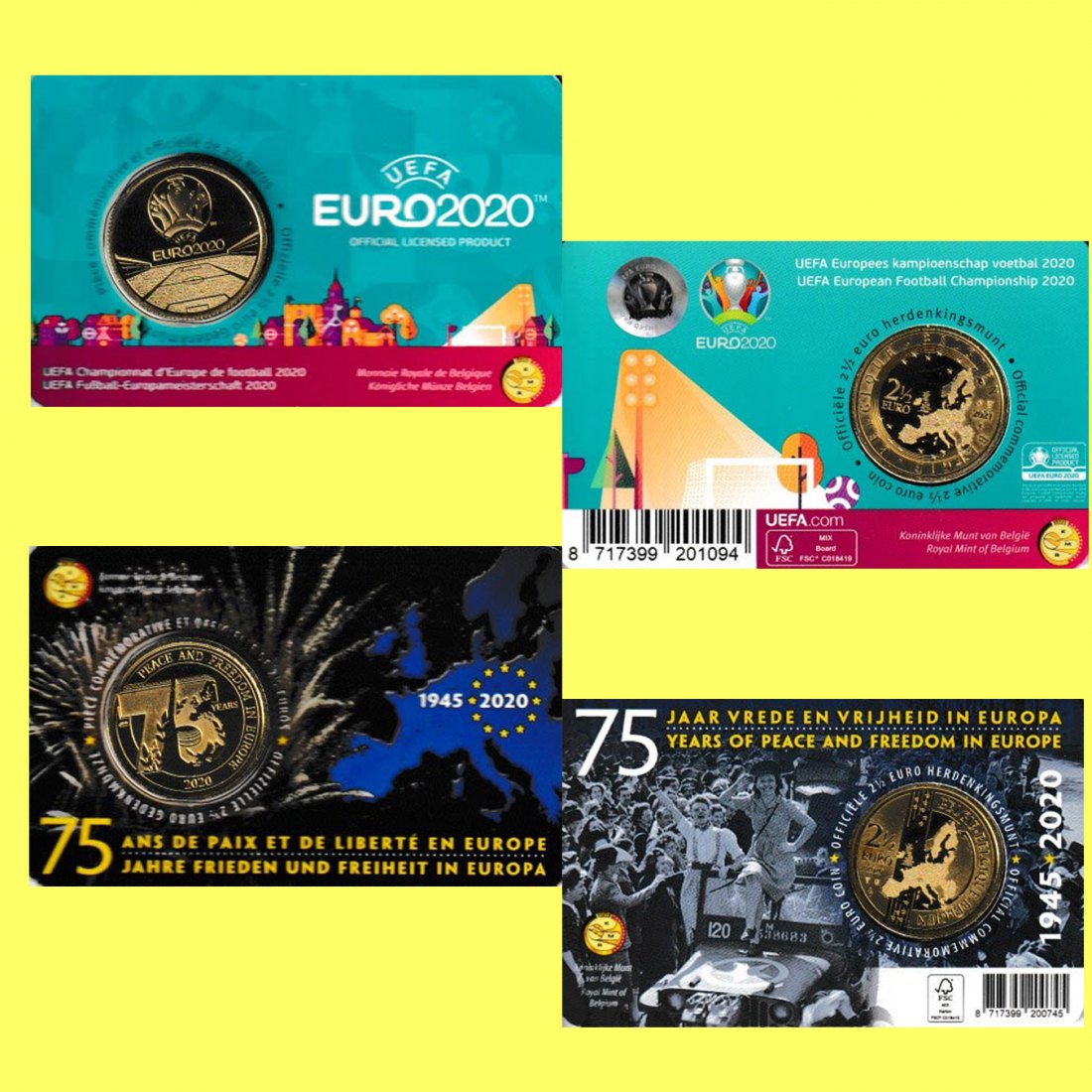  Coincard 2x 2,5€-Sondermünze Belgien *Fußball-EM 2020 + 75 Jahre Frieden in Europa* 2020   