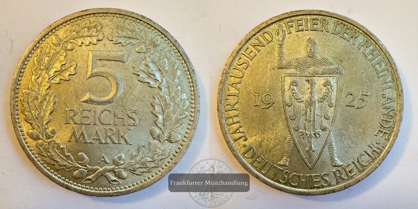  Deutschland 5 Reichsmark (Rhineland) 1925 'A' FM-Frankfurt KM#47 Feinsilber: 12,5g   