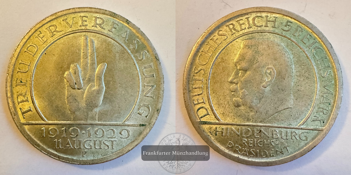  Deutschland 5 Reichsmark (Weimar Constitution) 1929 FM-Frankfurt KM#64 Feinsilber: 12,5g   