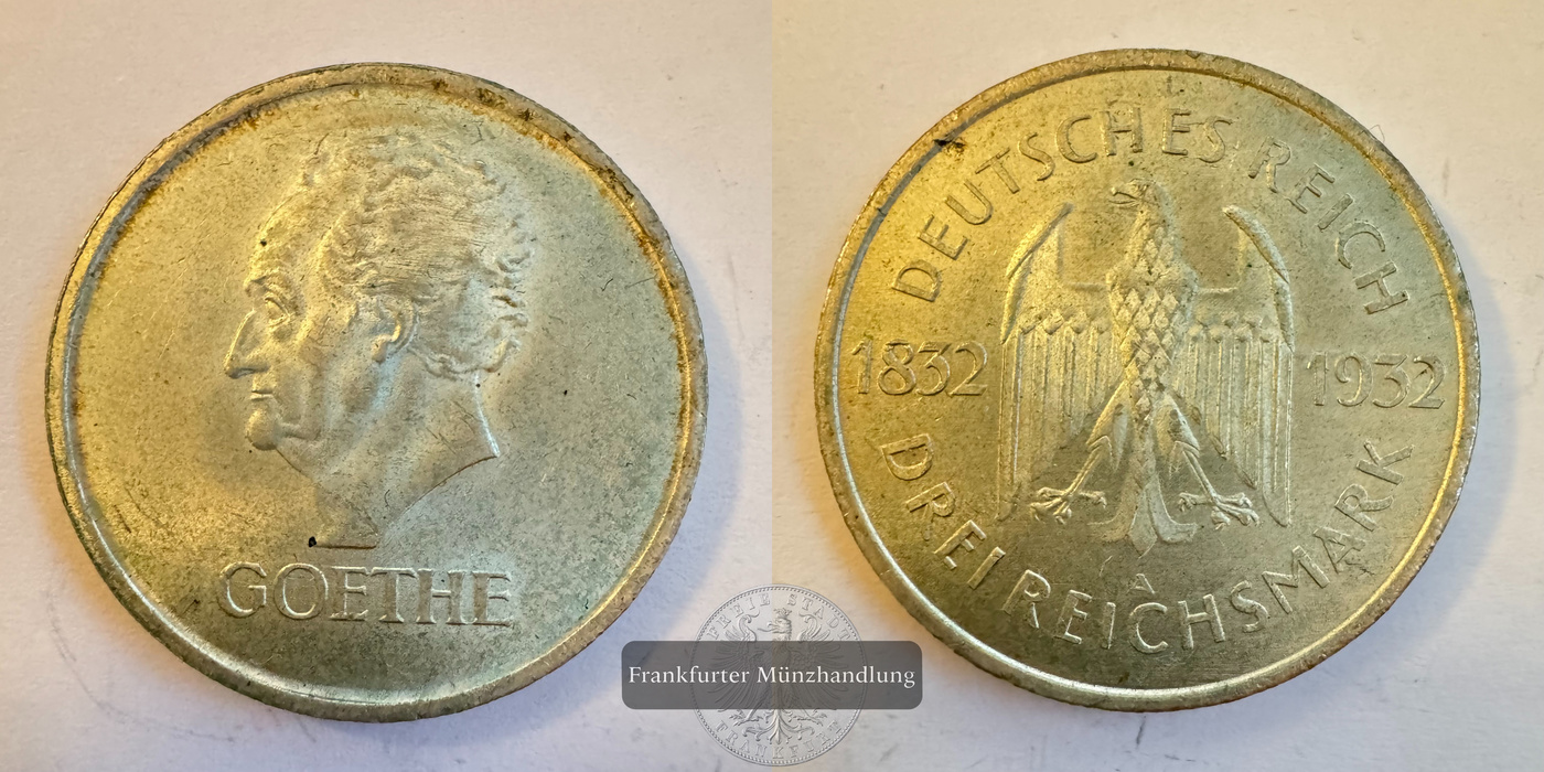  Deutschland 3 Reichsmark (Goethe) 1932 'A' FM-Frankfurt KM#76 Feinsilber: 7,5g   