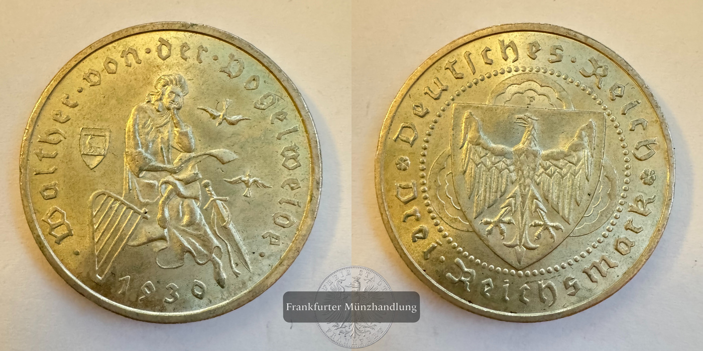  Deutschland 3 Reichsmark (Walther von der Vogelweide) 1930 FM-Frankfurt KM#69 Feinsilber: 7,5g   