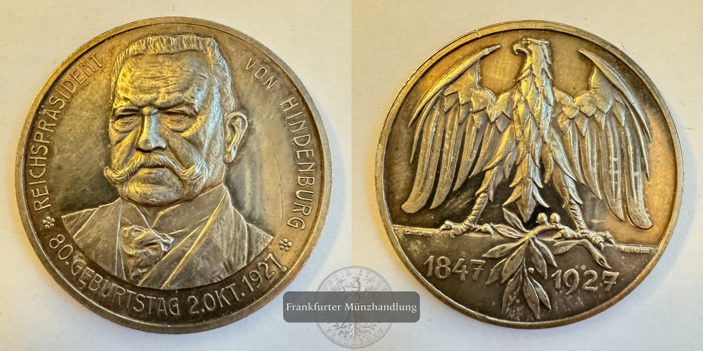  Deutschland Medaille 80. Geburtstag von Hindenburg 1927 FM-Frankfurt Feinsilber: 14,6g   