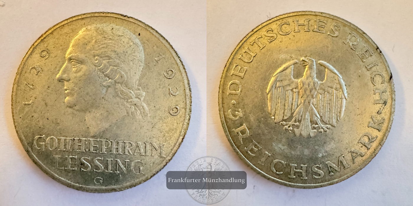  Deutschland 3 Reichsmark 1929 Lessing 'G' FM-Frankfurt KM#60 Feinsilber: 7,5g   