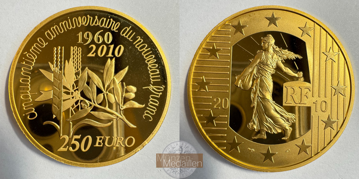  Frankreich 250 Euros (New Franc) 2010 MM-Frankfurt KM#1671 Feingold: 62,2g (Limitiert auf 500Stk.)   