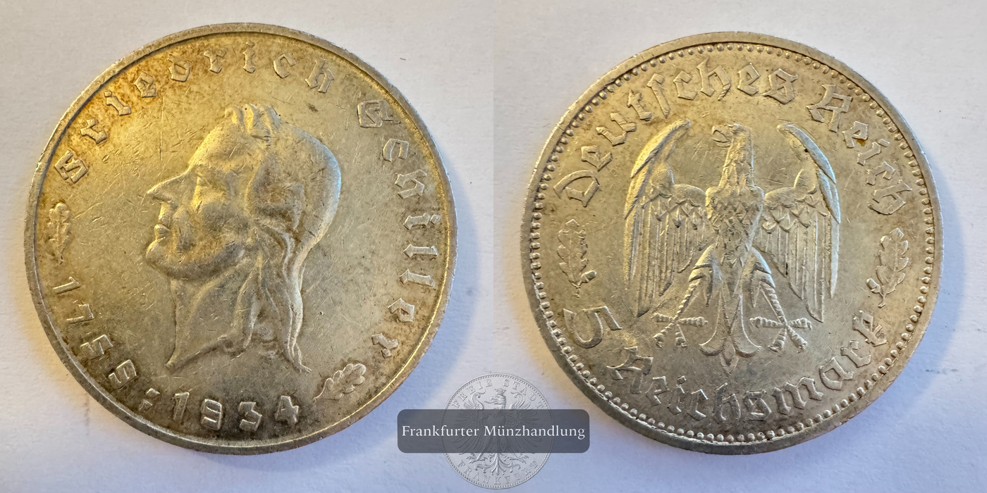  Dt. Reich 5 Reichsmark (Friedrich Schiller) 1934 FM-Frankfurt KM#85 Feinsilber: 12,5g   