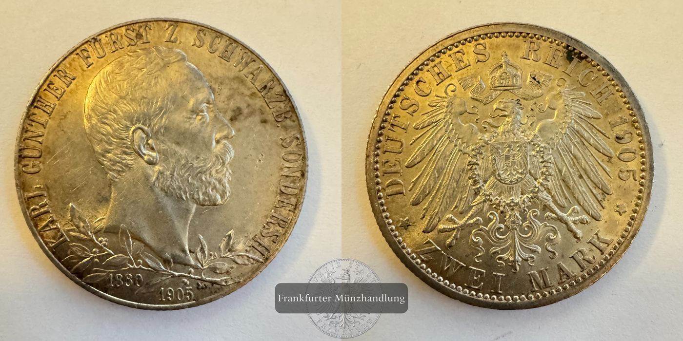  Deutschland Sondershausen 2 Marks Charles Günther 1905 FM-Frankfurt KM#152 Feinsilber: 10g   