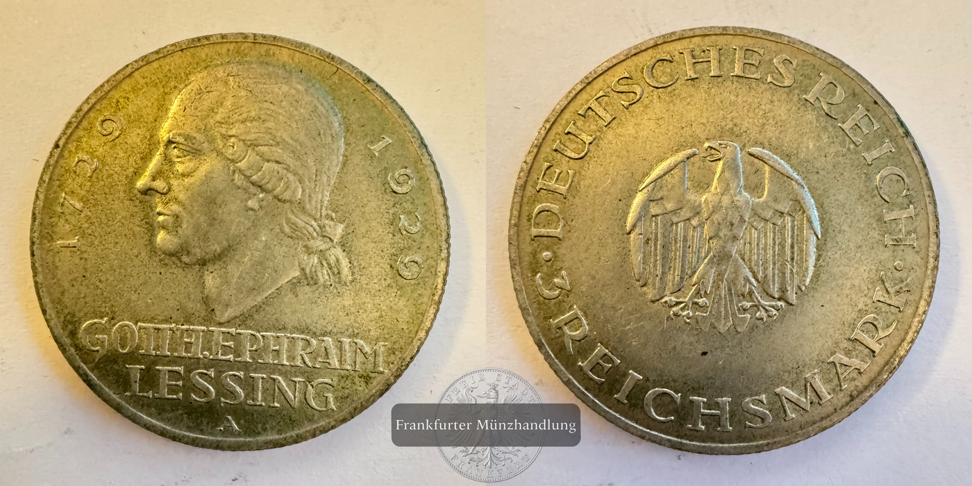  Deutschland 3 Reichsmark 1929 Lessing 'A' FM-Frankfurt KM#60 Feinsilber: 7,5g   