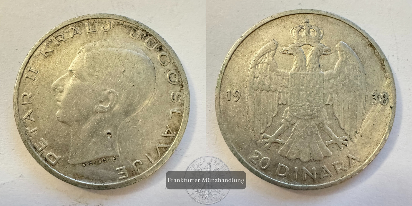  Jugoslawien 20 Dinara Peter II 1938 FM-Frankfurt KM#23 Feinsilber: 6,75g   