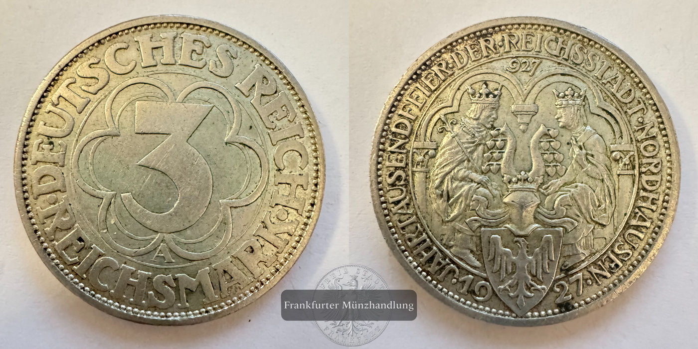  Deutschland 3 Reichsmark (Nordhausen) 1927 FM-Frankfurt Feinsilber: 12,5g   