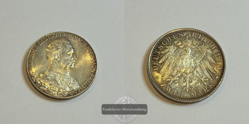  Deutschland Kaiserreich 2 Mark 1913 Wilhelm II. FM-Frankfurt Feinsilber: 9,99g   