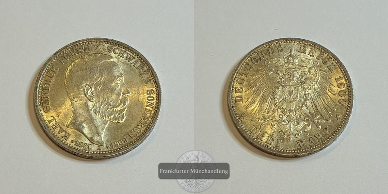  Deutsches Kaiserreich Schwarzburg-Sonders., Kaiserreich 3 Mark 1909 A FM-Frankfurt Feinsilber: 15g   
