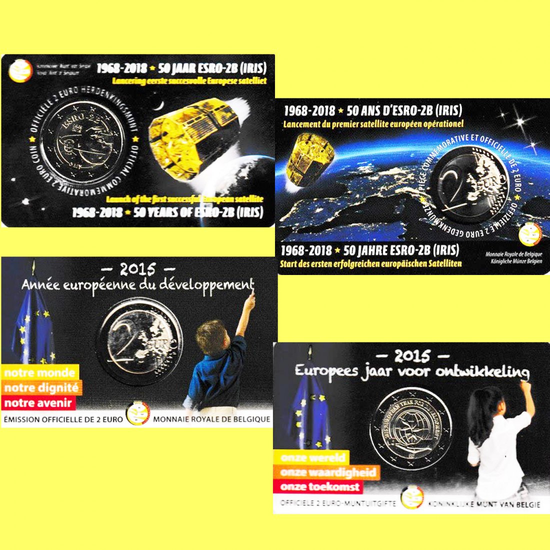  Coincard 2 x 2€-Sondermünze Belgien *Entwicklung* 2015 + *Satellitenmisson Iris* 2018   