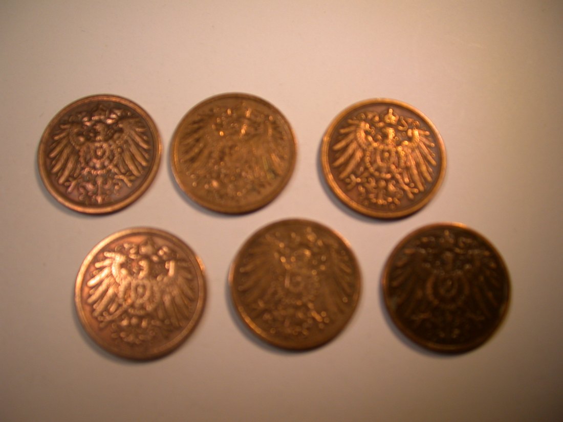  J30 KR  2 Pfennig 1906 A,D,E,F,G und J verschieden Originalbilder   