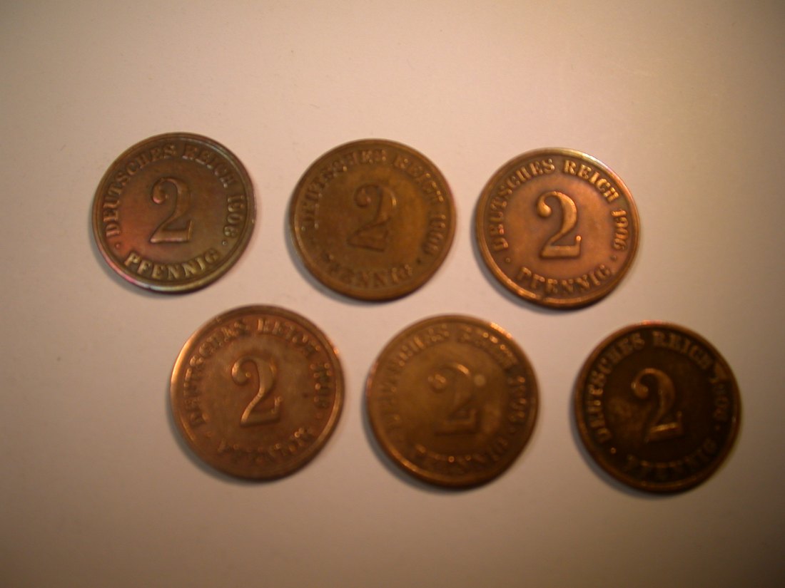  J30 KR  2 Pfennig 1906 A,D,E,F,G und J verschieden Originalbilder   