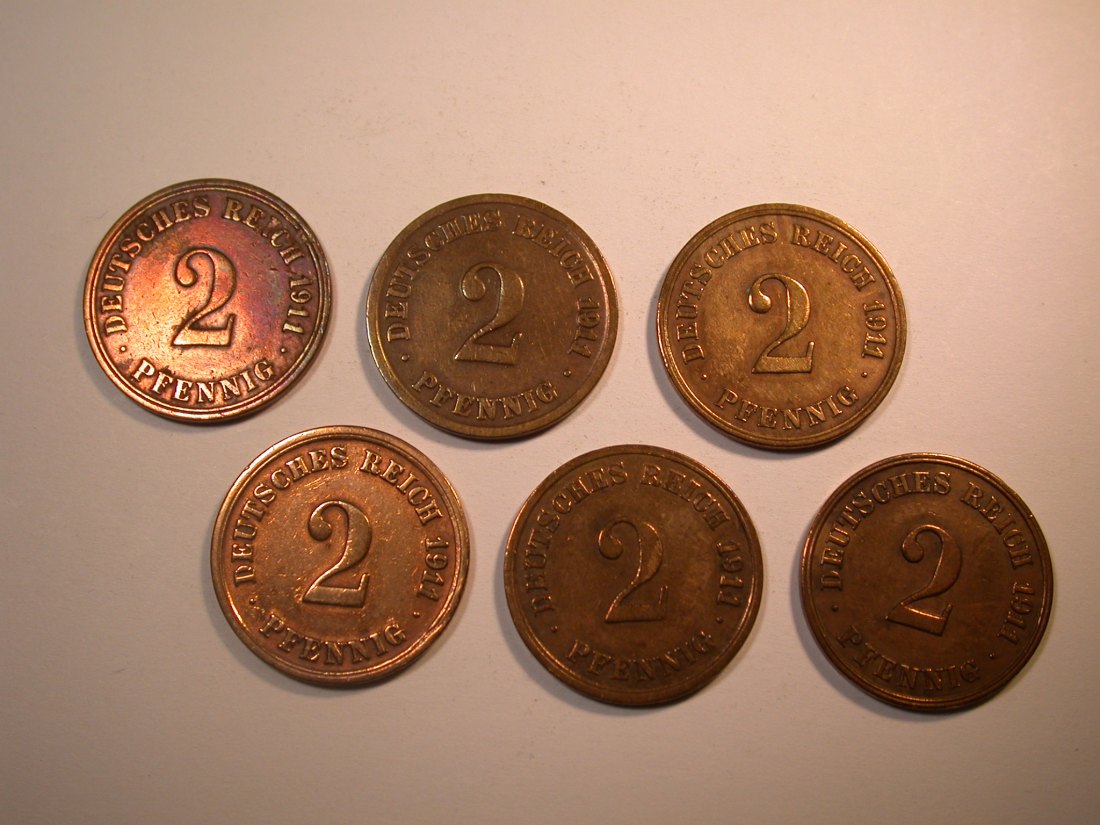  J30 KR  2 Pfennig 1911 A,D,E,F,G und J verschieden Originalbilder   