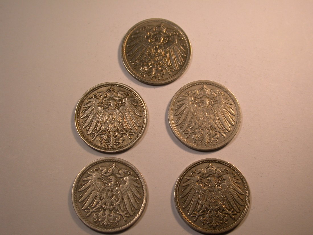  J30 KR 5 Pfennig 1914 A, D,D , E und j 5 Münzen  Originalbilder   