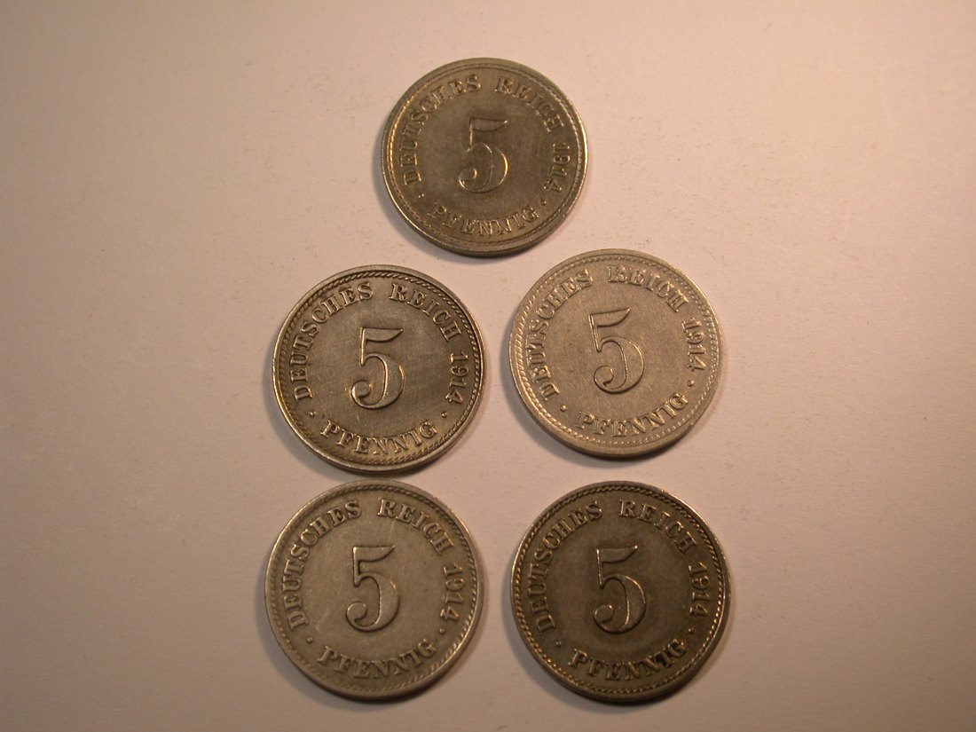  J30 KR 5 Pfennig 1914 A, D,D , E und j 5 Münzen  Originalbilder   