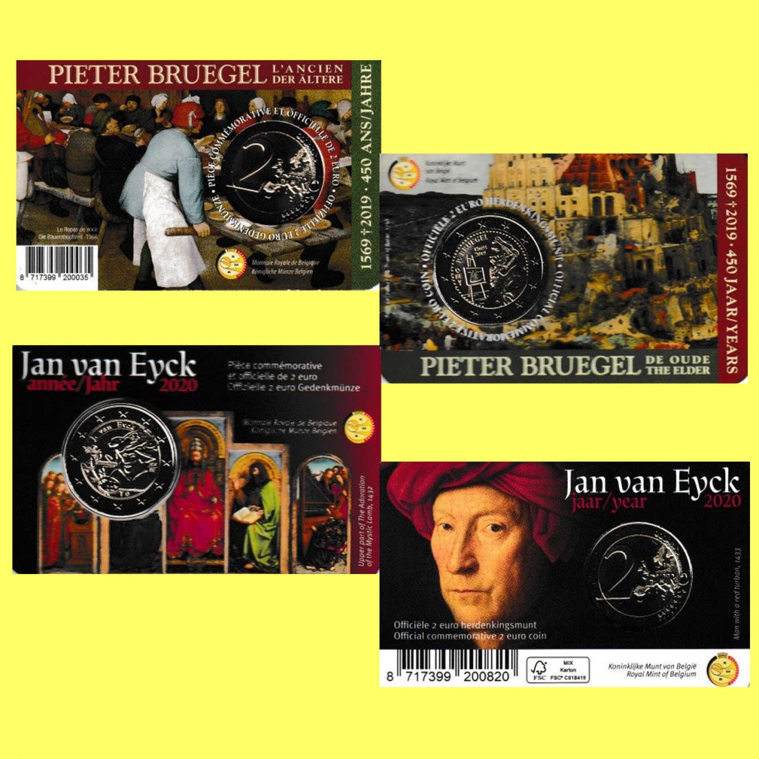  Coincard 2 x 2€-Sondermünze Belgien *Pieter Bruegel* 2019 + *Jan van Eyck* 2020   