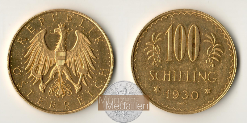  Österreich 100 Schilling 1930 (1926-1934) Prooflike MM-Frankfurt KM#2842 Feingold: 21,17g   
