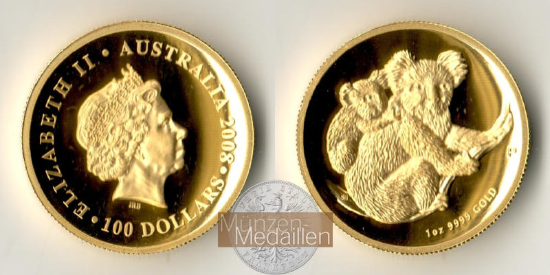 Australien, 100 Dollar MM-Frankfurt Feingold: 31,1g Koala 2008 