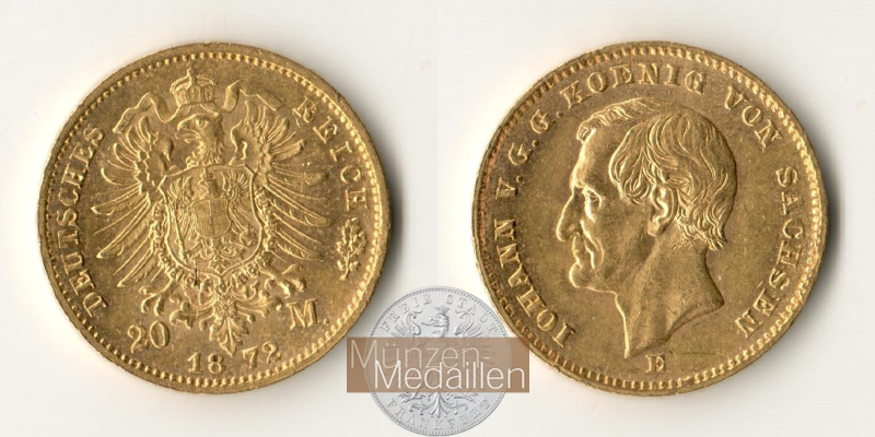 Deutsches Kaiserreich, Sachsen Johann MM-Frankfurt KM#1233 Feingold: 7,17g 20 Mark 1872 E 
