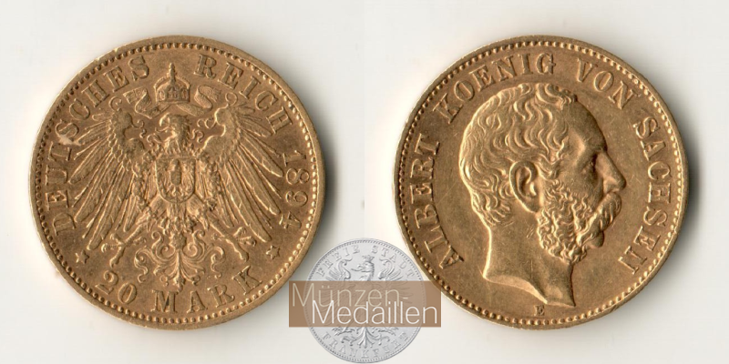 Dt. Kaiserreich Sachsen, Albert MM-Frankfurt KM#1248 Feingold: 7,17g 20 Mark (1894-1995) 1894 E 