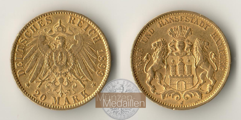 Deutsches Kaiserreich. Hamburg MM-Frankfurt KM#618 Feingold: 7,17g 20 Mark (1893-1913) 1899 J 