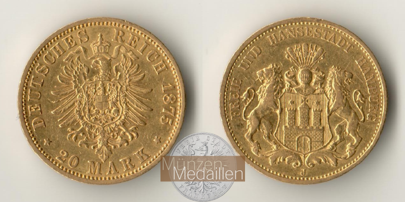Hamburg, Kaiserreich  20 Mark MM-Frankfurt Feingold: 7,17g  1875 J 