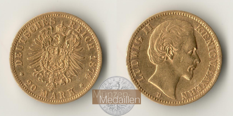 Bayern, Kaiserreich  20 Mark  1874 D MM-Frankfurt Feingold: 7,17g Ludwig II. 1864-1886  
