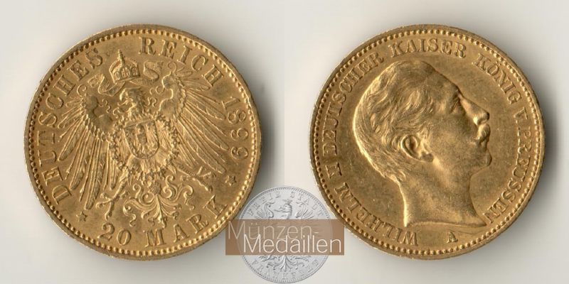 Dt. Kaiserreich Preussen, Wilhelm II. MM-Frankfurt Feingold: 7,17g 20 Mark 1899 A 