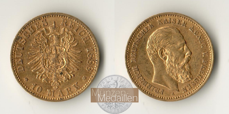 Deutsches Kaiserreich, Preussen. MM-Frankfurt Feingewicht: 3,58g Gold Friedrich III, 10 Mark 1888 A 