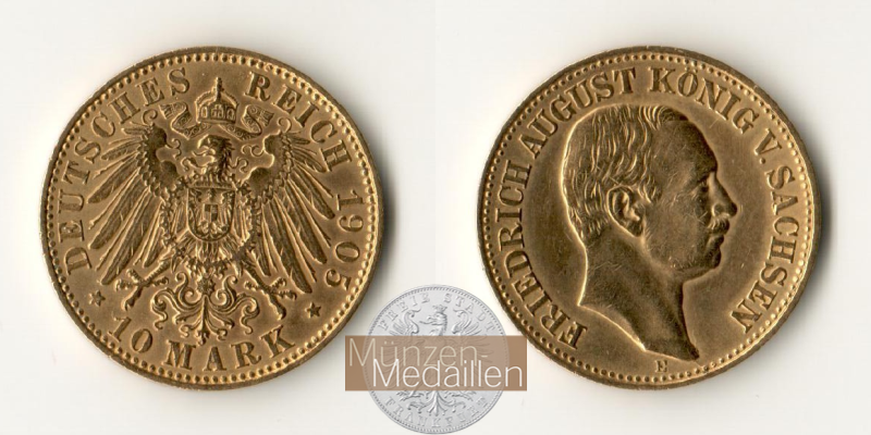 Sachsen, Kaiserreich  10 Mark MM-Frankfurt Feingold: 3,58g Friedrich August 1905 E 
